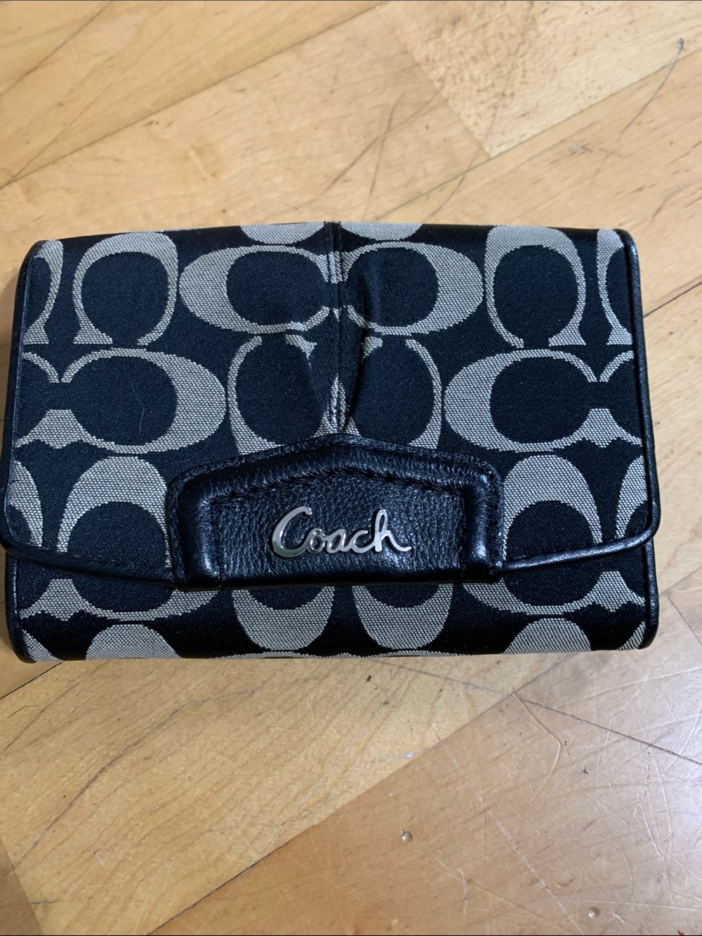 Coach Black and Gray Signature Compact Wallet